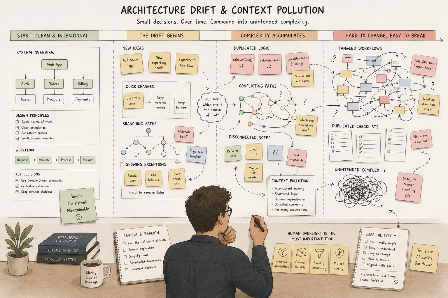 Architecture drift and context pollution in long AI coding sessions losing sight of the broader system