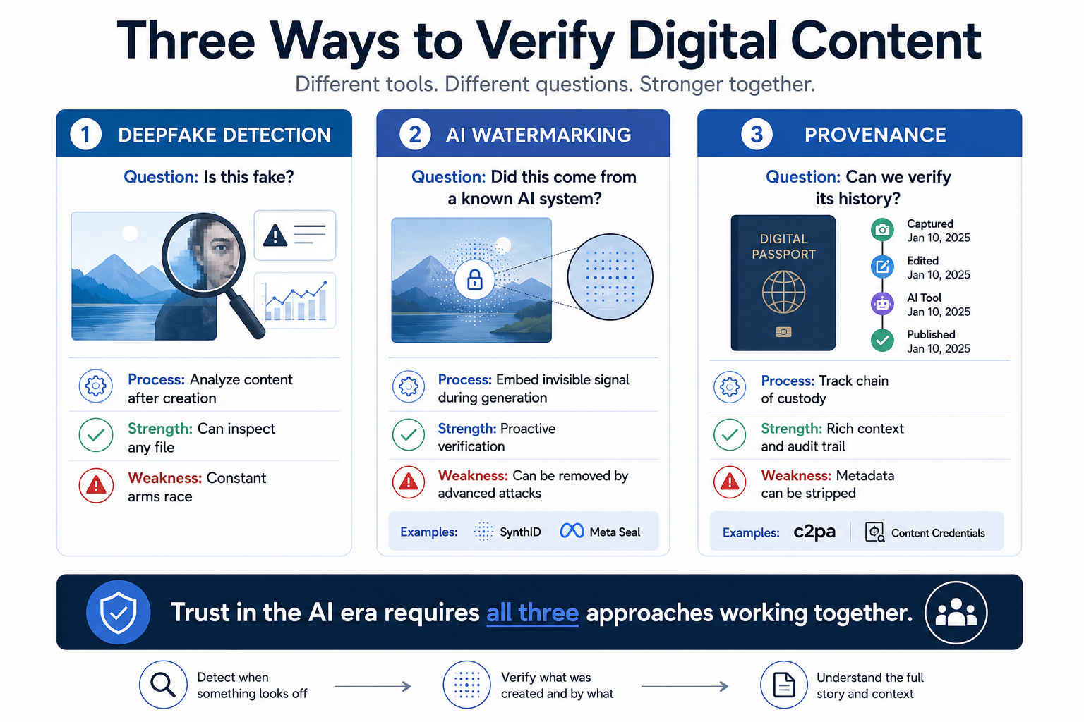 Comparison of AI watermarking, deepfake detection, and provenance tracking approaches