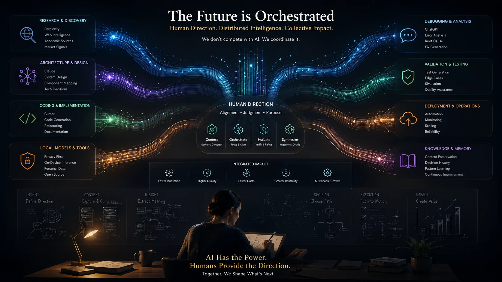 Human coordinator directing distributed AI intelligence toward a coherent outcome