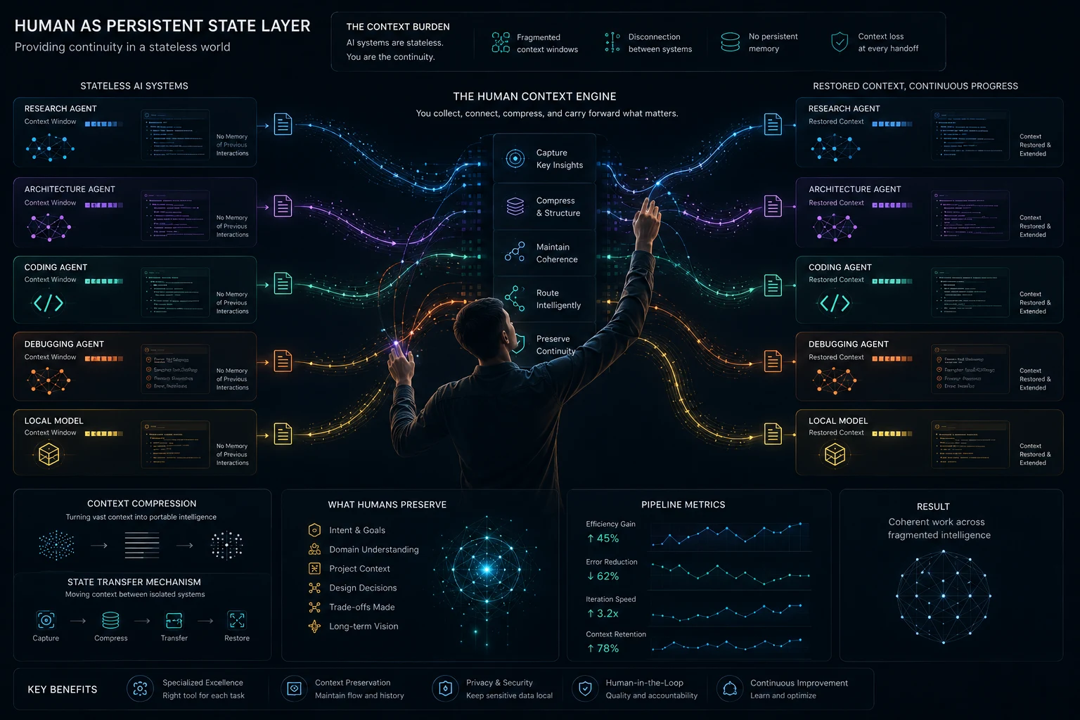 Human as the persistent state layer carrying context between isolated AI systems