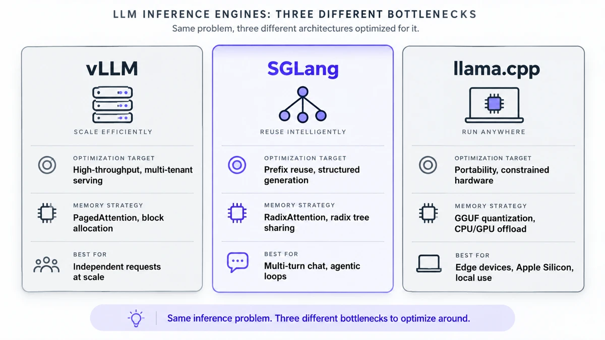 Comparison diagram of vLLM, SGLang, and llama.cpp inference engines, showing vLLM optimized for high-throughput multi-tenant GPU serving with PagedAttention, SGLang optimized for prefix reuse and structured generation with RadixAttention, and llama.cpp optimized for portability and constrained hardware with GGUF quantization