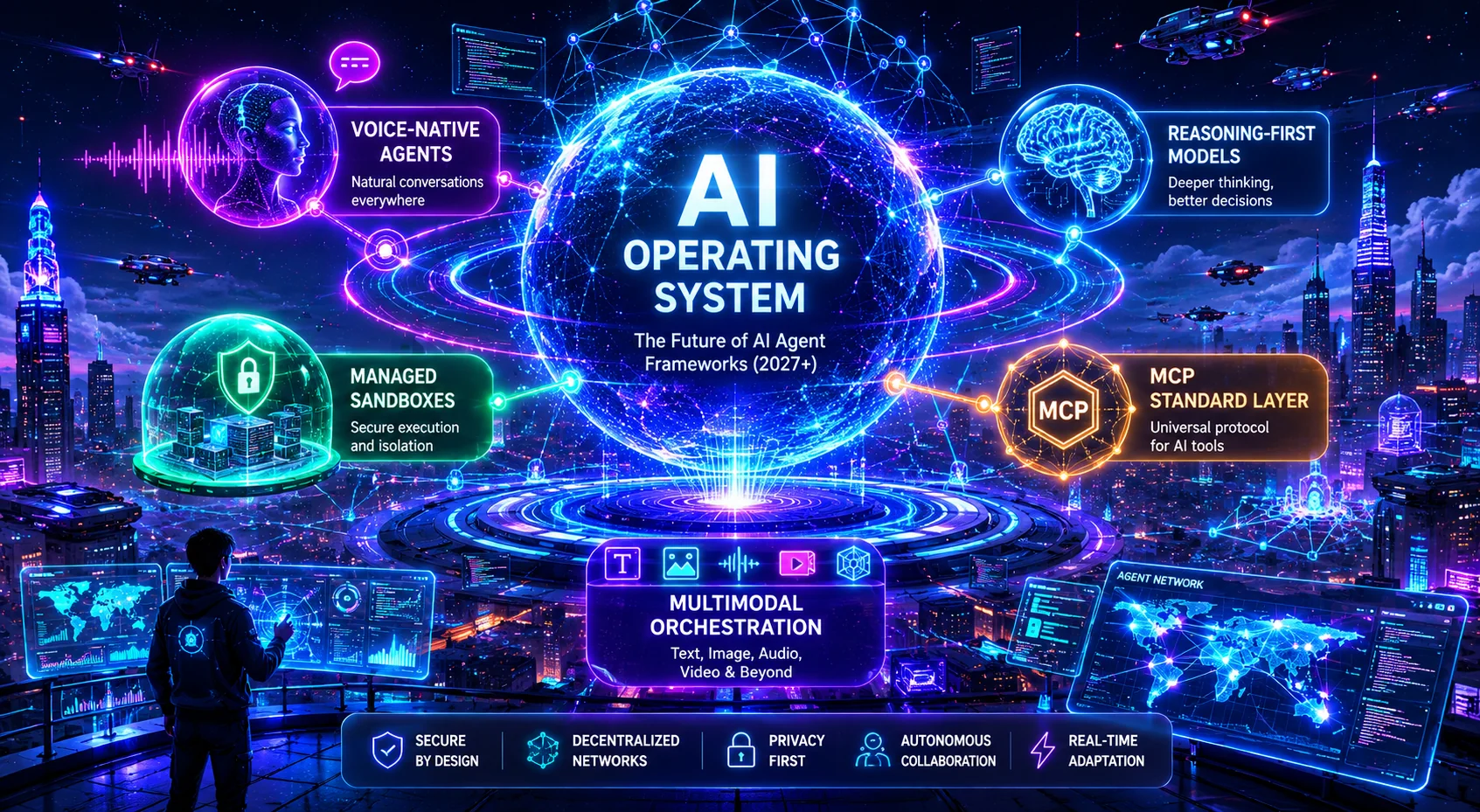 Futuristic vision of AI agent framework ecosystem in 2027 and beyond showing AI operating systems, voice-native agents, managed sandboxes, and MCP standardisation