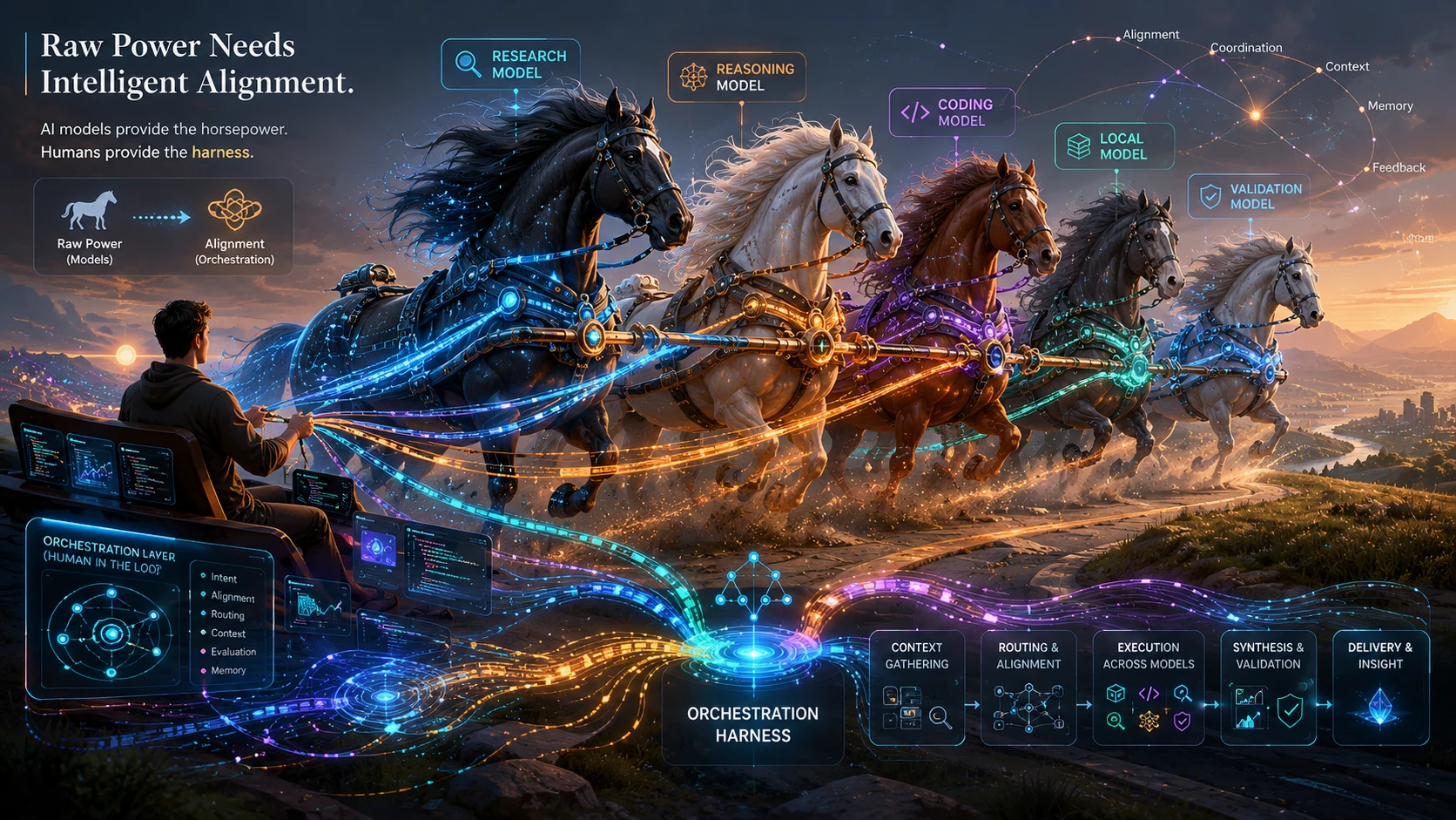 The harness metaphor, aligning multiple AI systems toward a single coherent goal