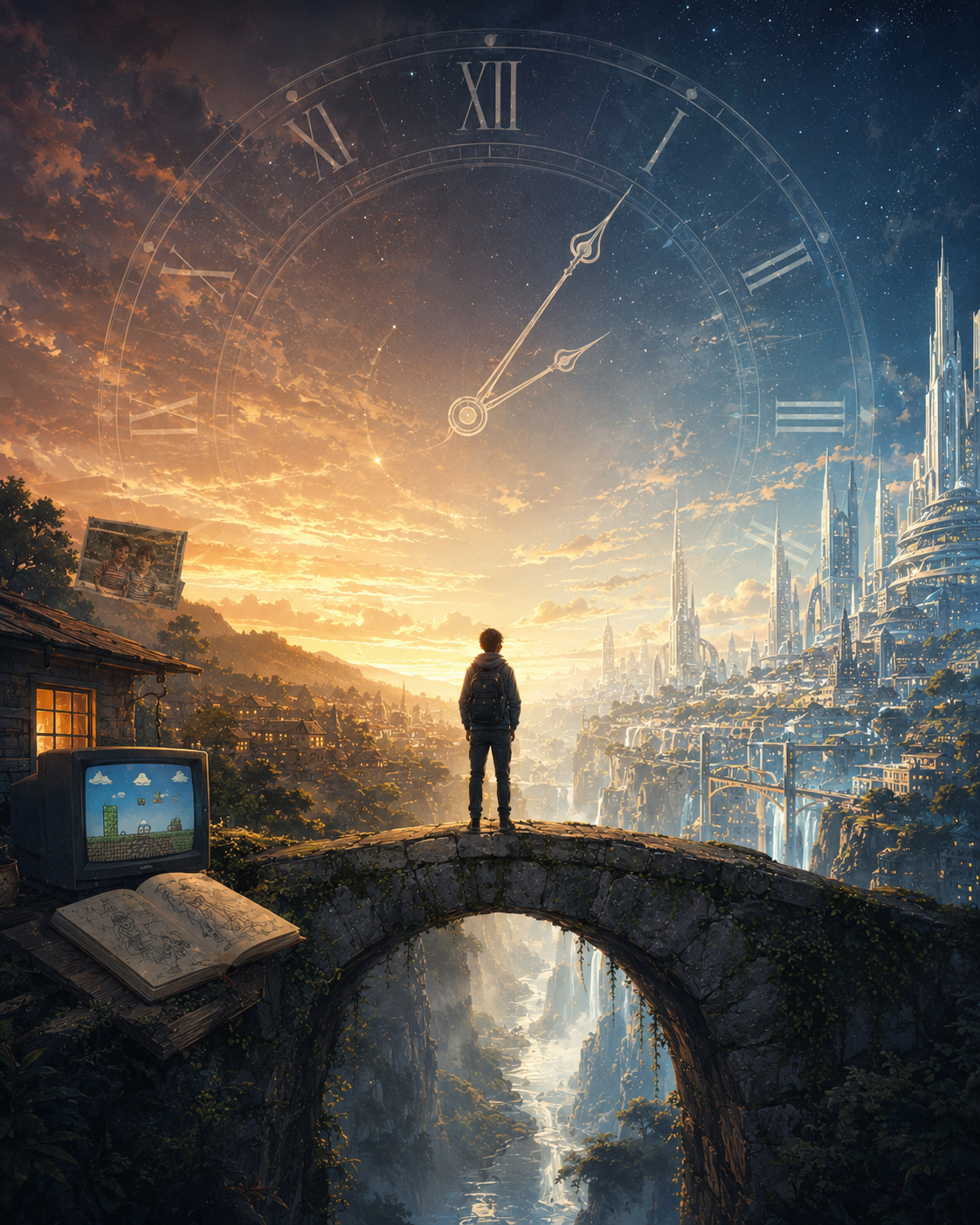 A lone figure stands on an ancient bridge between a fading nostalgic world and a luminous AI-powered future beneath a giant transparent clock symbolizing the passage of time