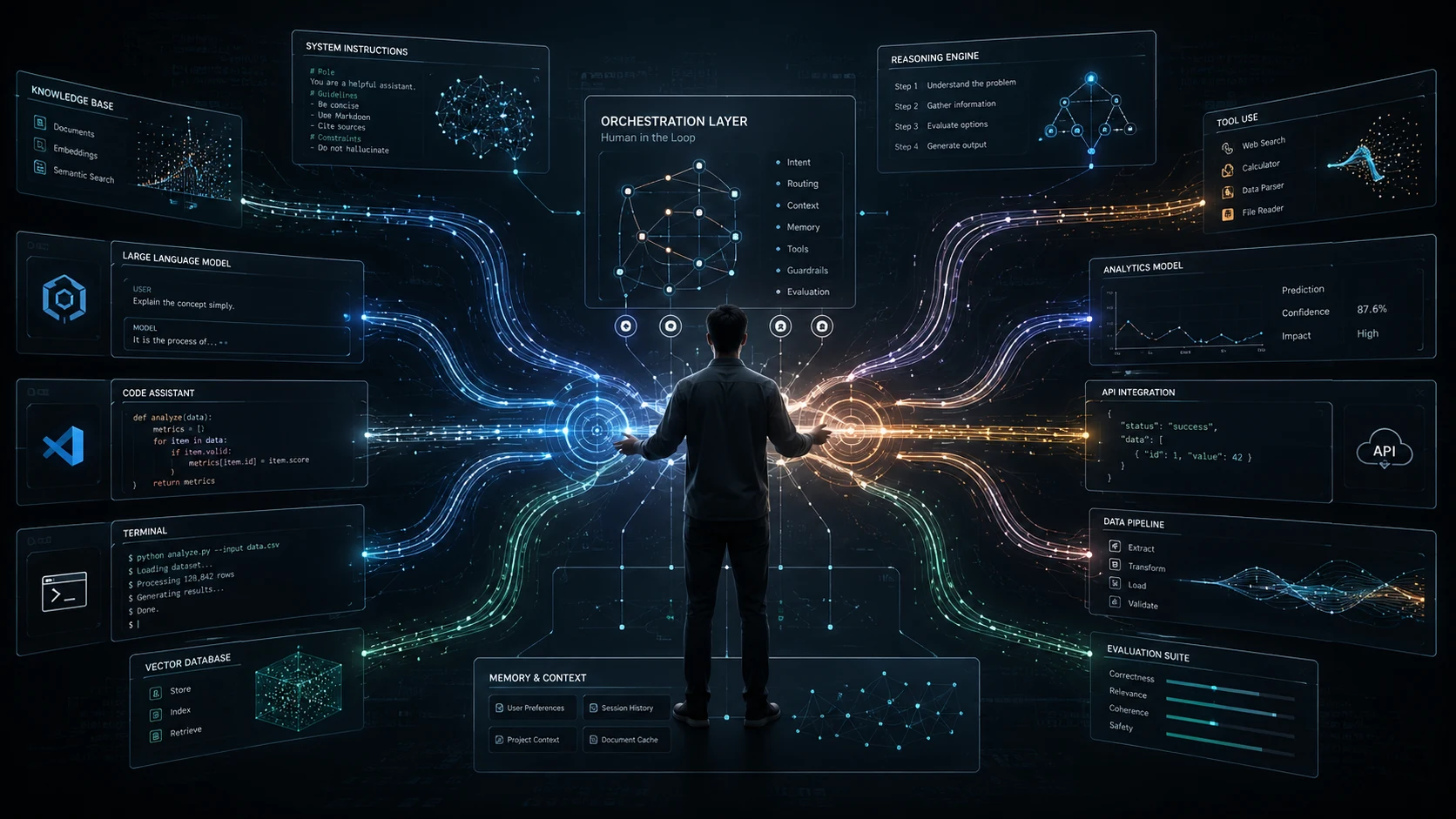 Human orchestrating multiple AI systems across a distributed intelligence pipeline