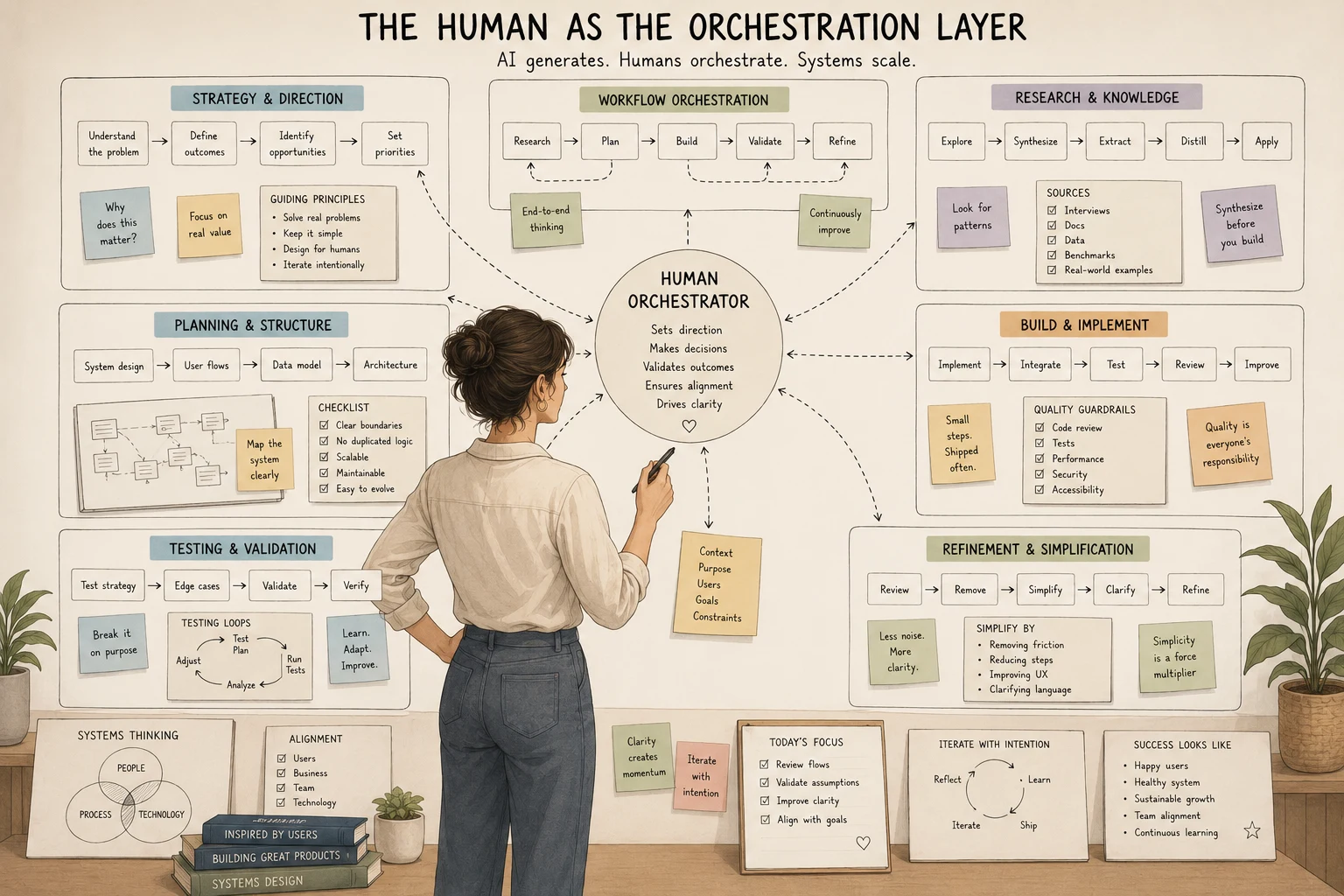Human as the orchestration layer directing AI coding agents across a disciplined software engineering workflow