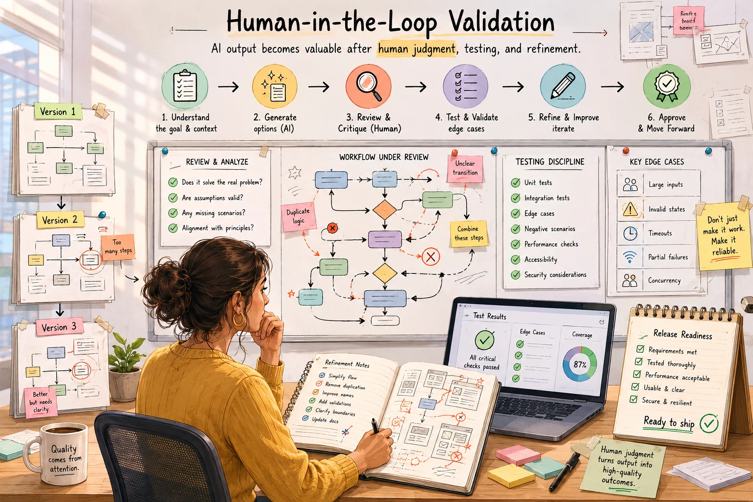 Human-in-the-loop validation workflow showing how manual oversight catches AI-generated errors before production