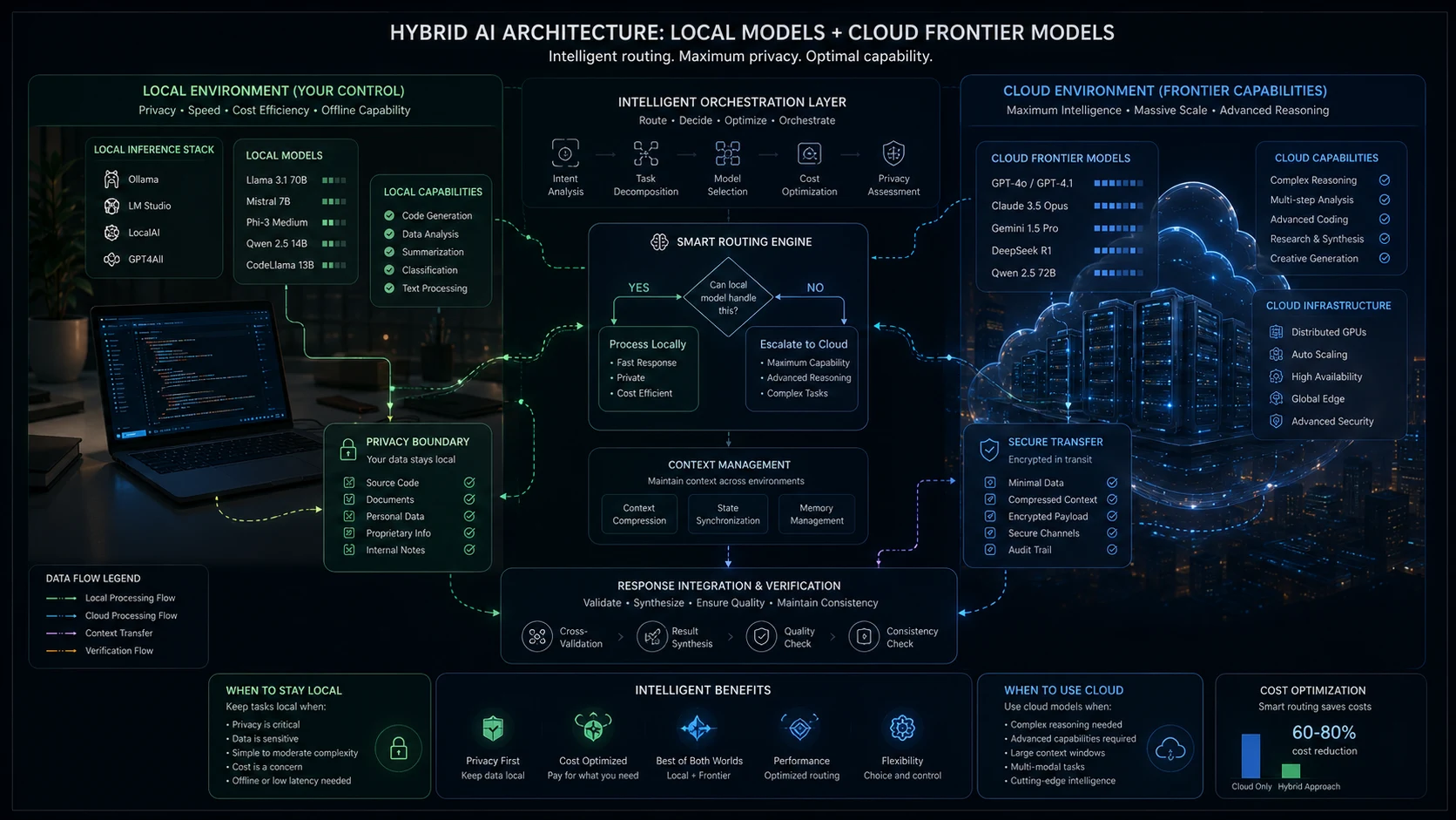 Comparison of local LLM deployment versus cloud API models in a hybrid AI stack
