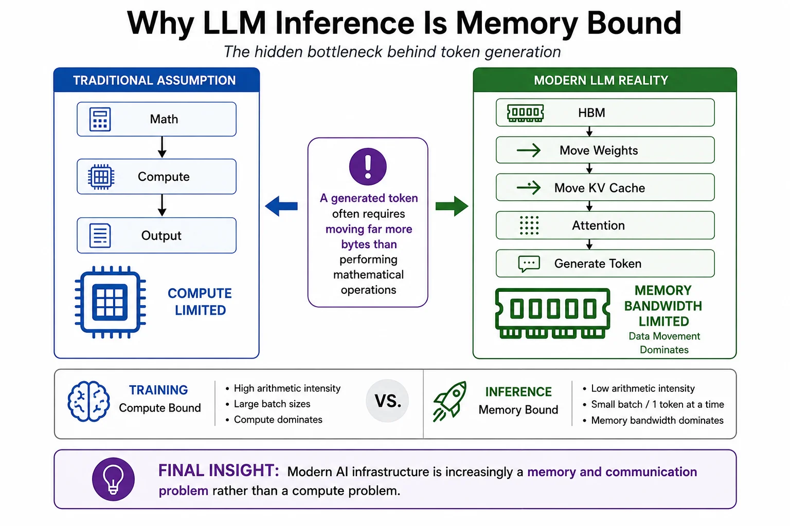 Why modern LLM inference is memory-bound: decode phase reads entire model weights from HBM for every single token generated
