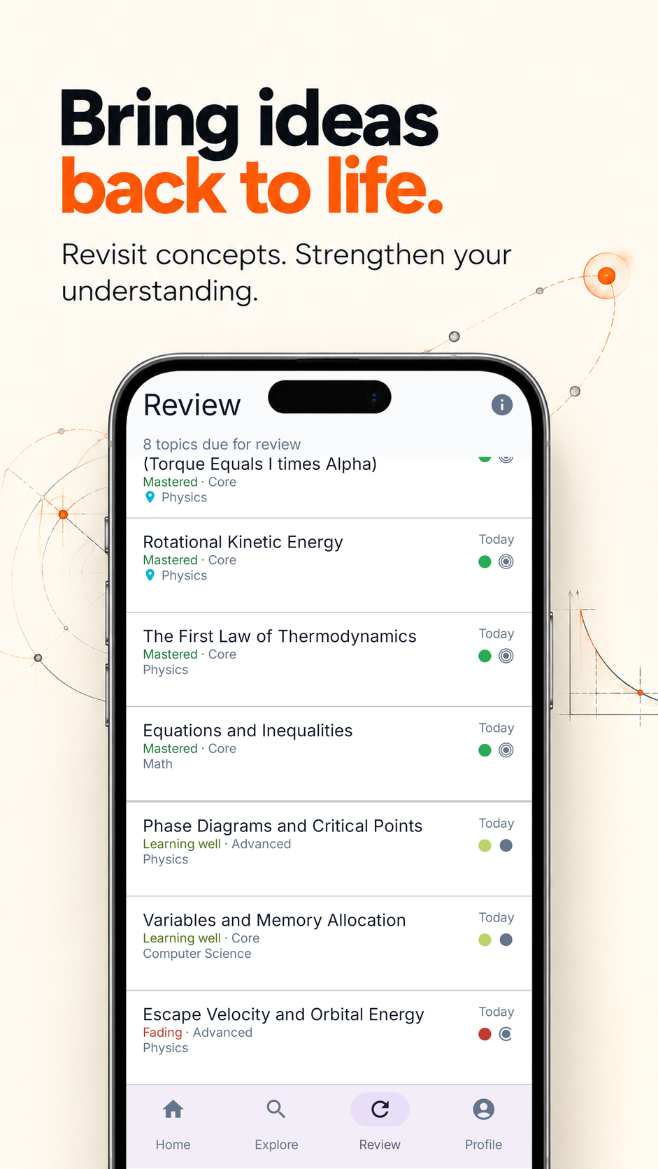 PathStem review screen with topics due for spaced repetition