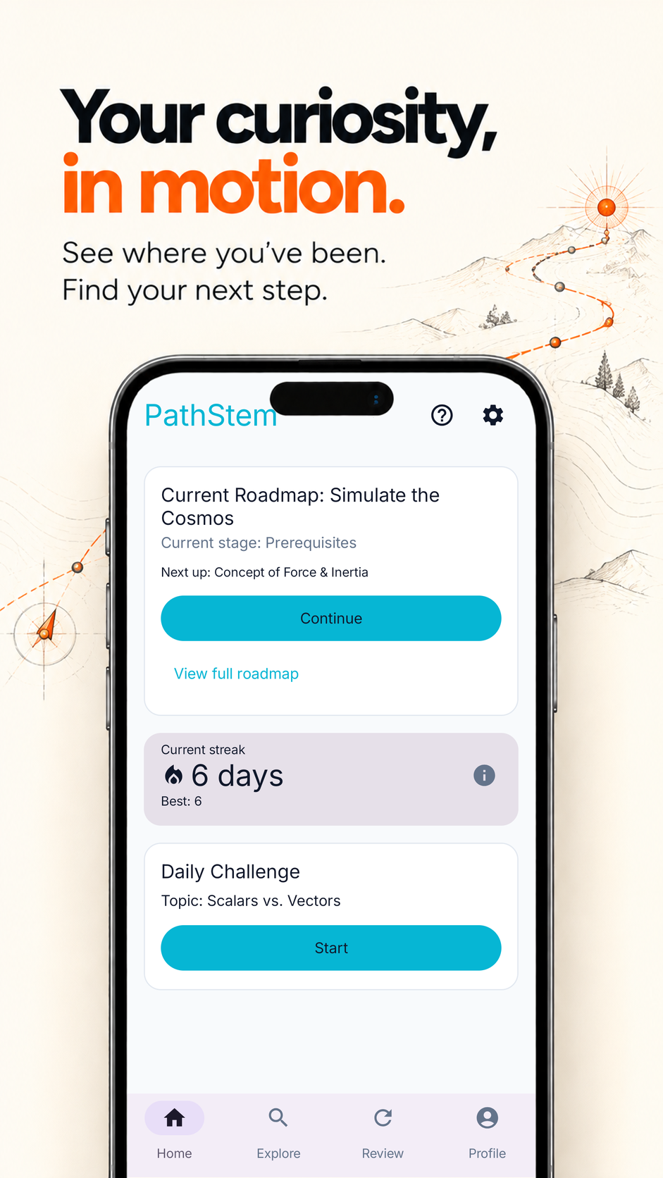 PathStem home screen with roadmap, streak, and daily challenge