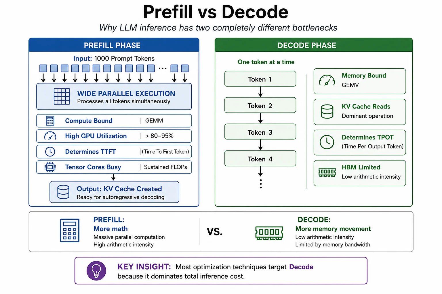 Prefill vs Decode execution comparison: prefill as dense parallel compute block, decode as sequential narrow steps limited by HBM bandwidth