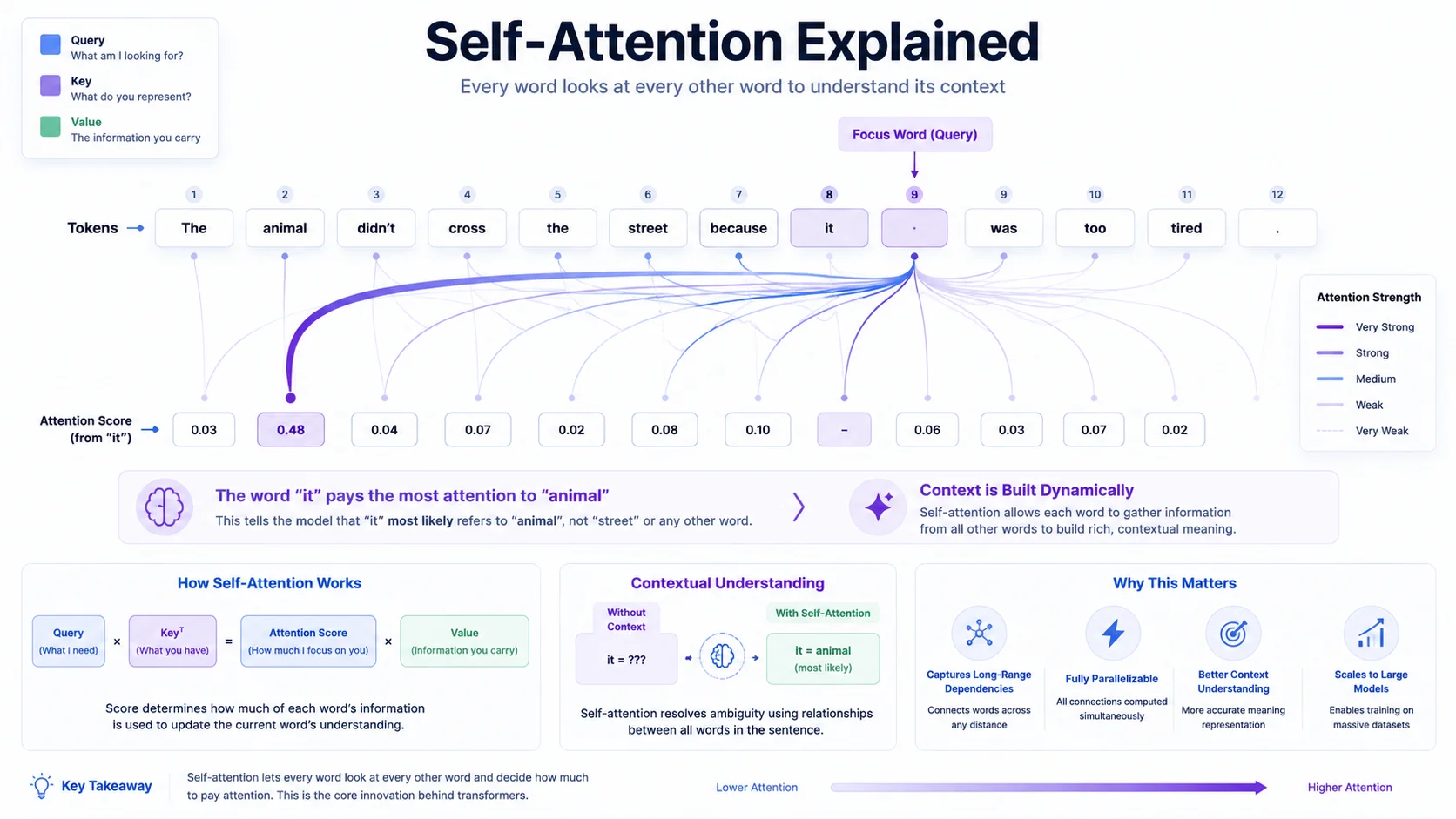 Self-attention mechanism visualization showing how words in a sentence attend to each other with weighted connections