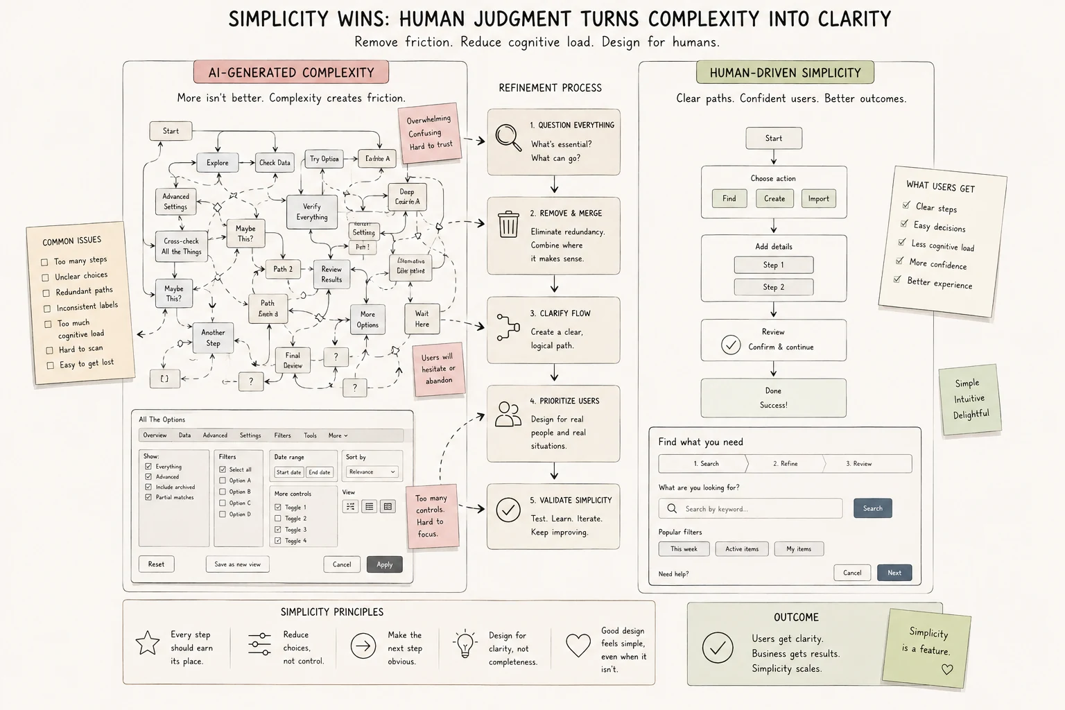 Simplicity versus AI-generated complexity showing how unguided models overengineer interfaces
