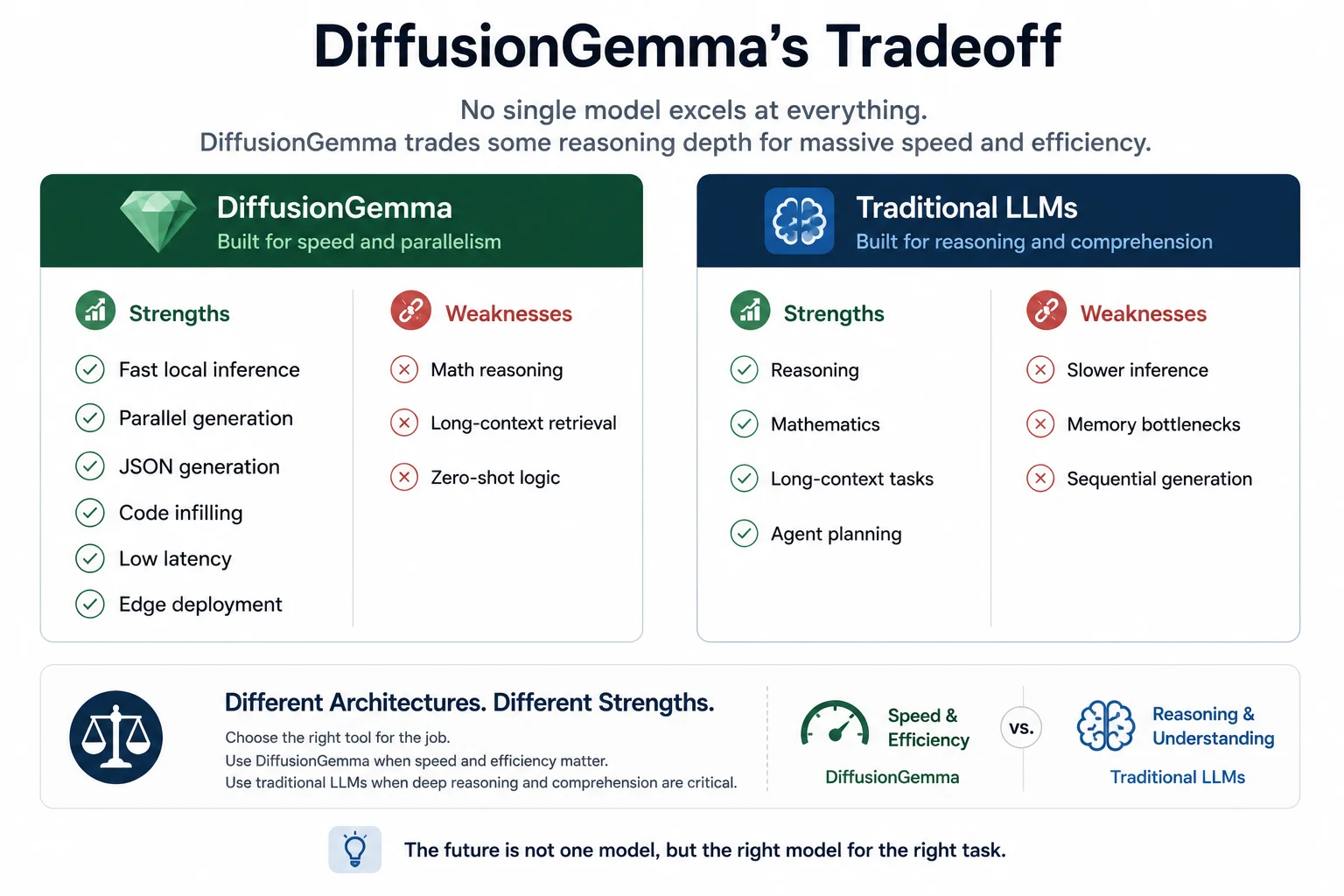 Speed vs reasoning tradeoff chart: DiffusionGemma vs standard autoregressive transformers