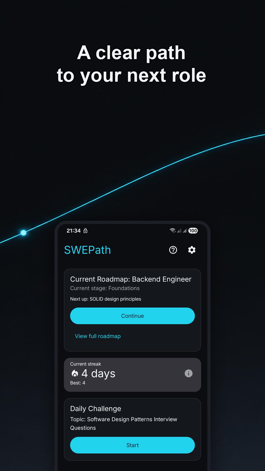 SWEPath home screen with roadmap, streak, and daily challenge