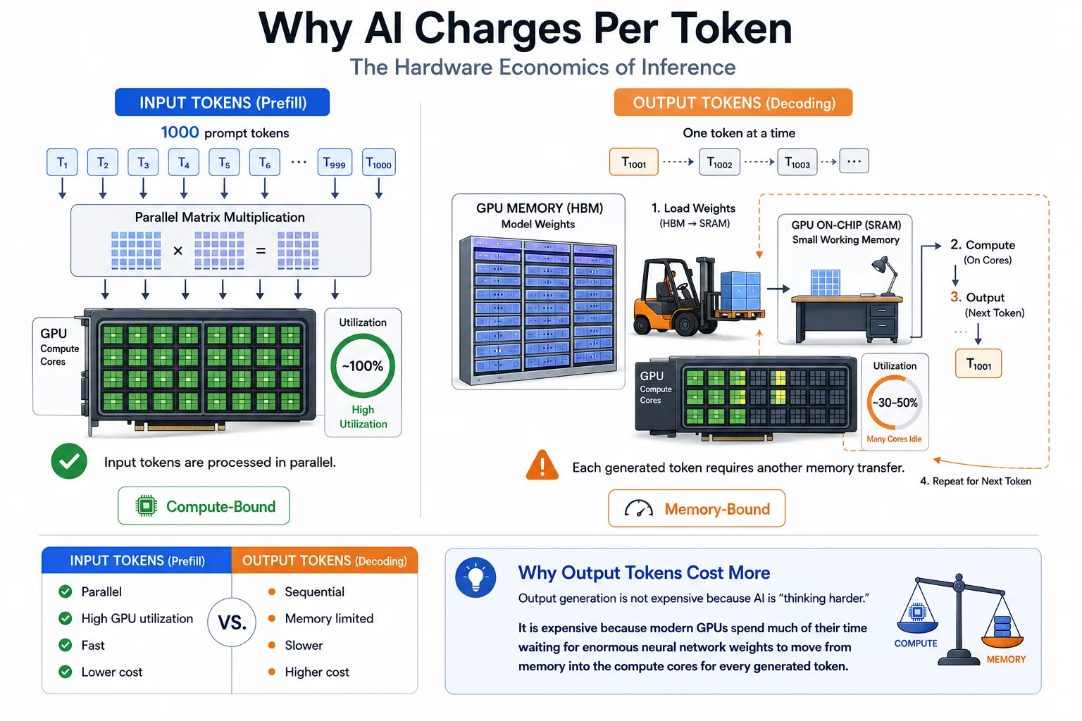 Why AI Charges Per Token: a diagram contrasting the Prefill phase, where 1000 prompt tokens are processed in parallel via matrix multiplication at roughly 100% GPU compute utilization and is compute-bound, against the Decoding phase, where tokens are generated one at a time and the GPU must repeatedly load model weights from HBM into on-chip SRAM for each token, leaving compute cores idle 30-50% of the time in a memory-bound bottleneck